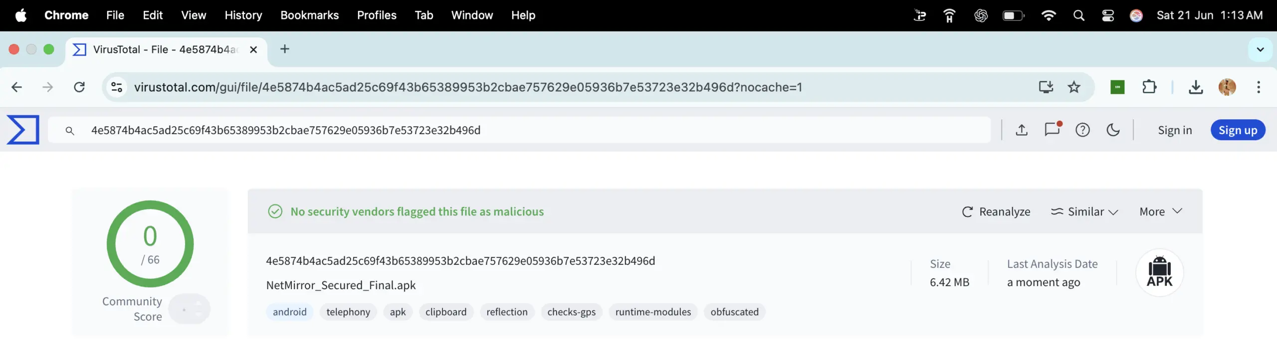 NetMirror APK VirusTotal Scan Results showing 0 threats detected