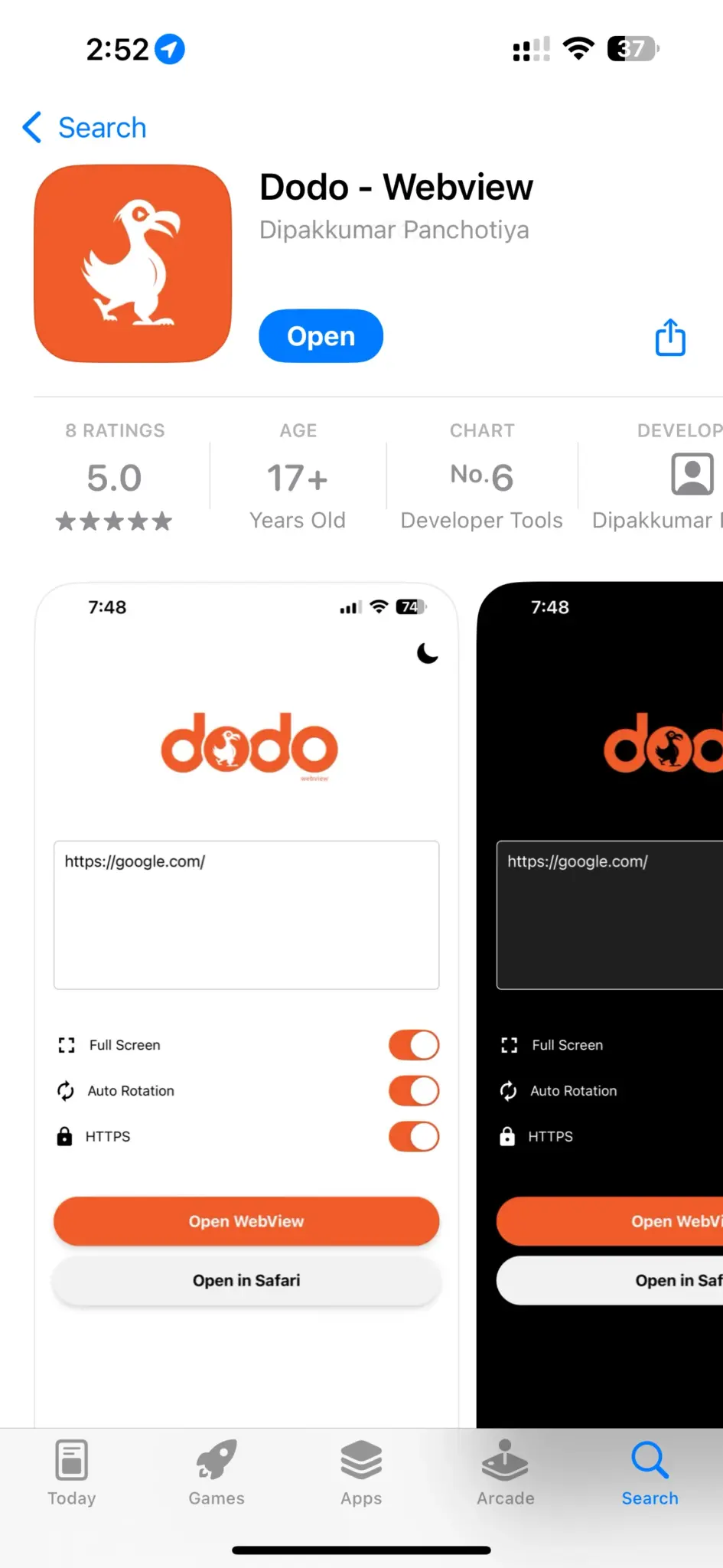 DODO WebView download page in Apple App Store