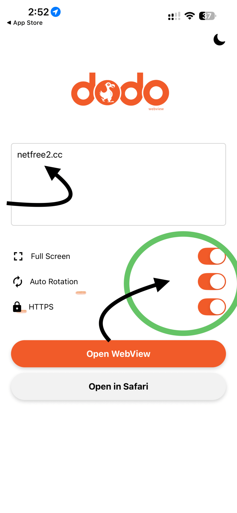 DODO WebView configuration screen with settings enabled