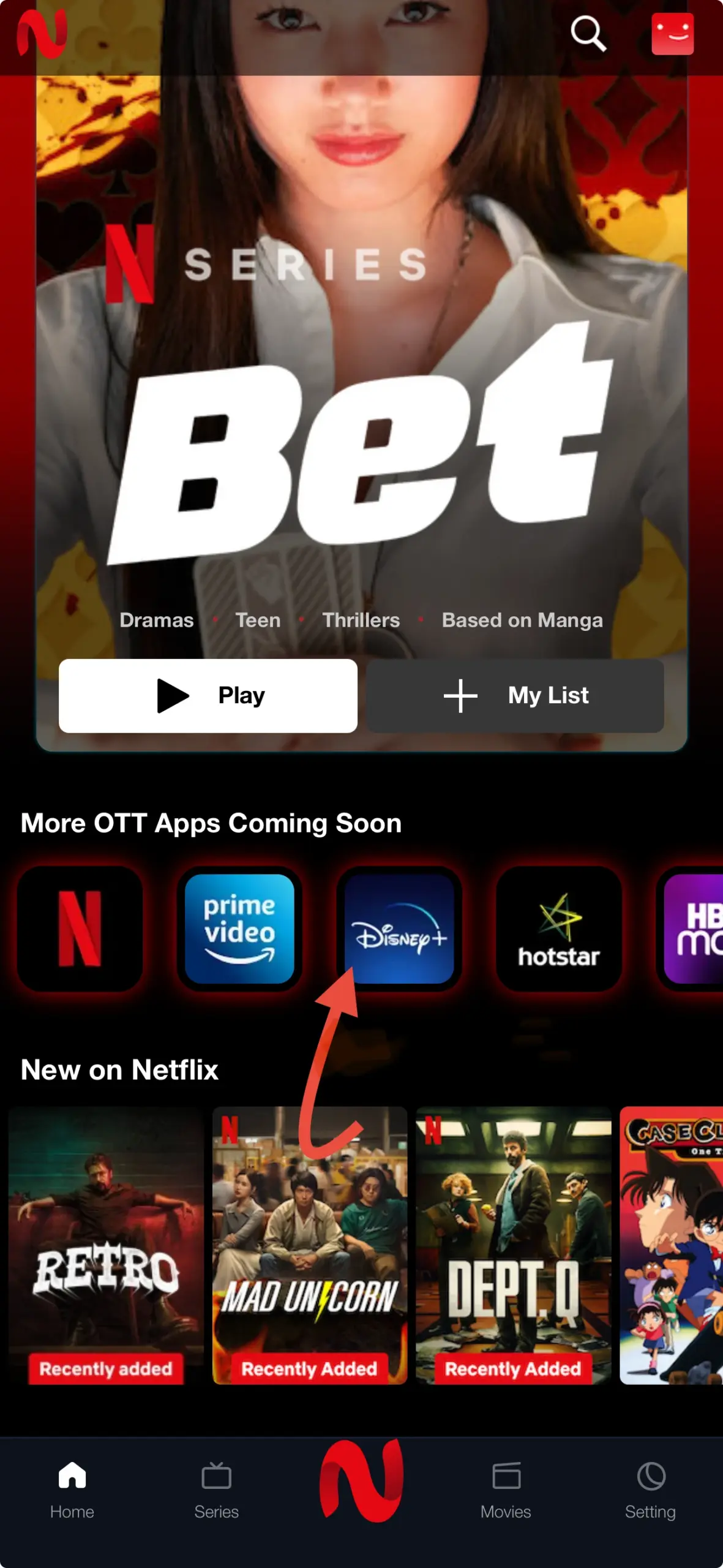 NetFree interface showing Netflix, Prime Video, and Disney+ Hotstar options
